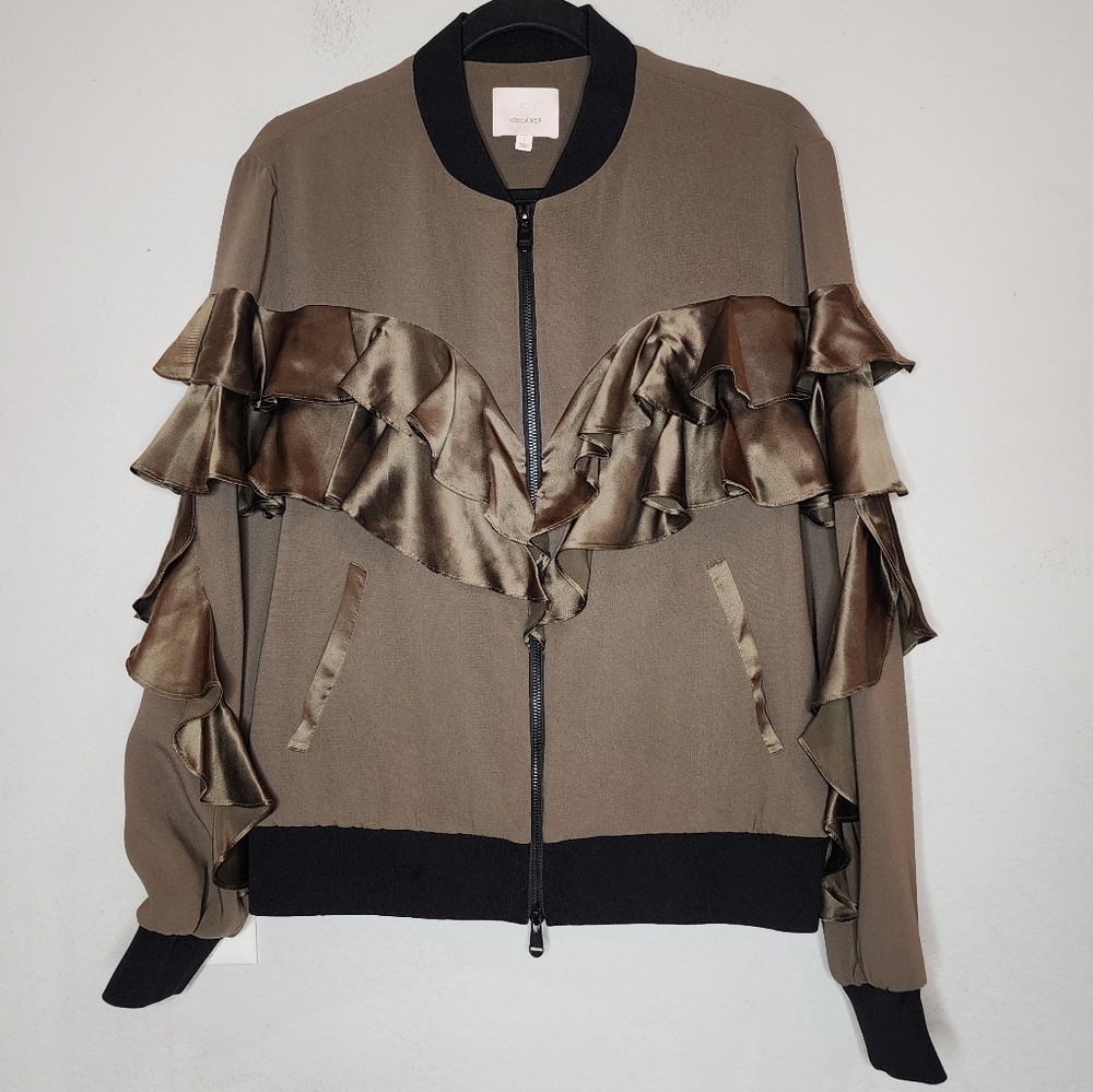Cinq A Sept Green Leia Silk Ruffle Bomber Jacket Size Large